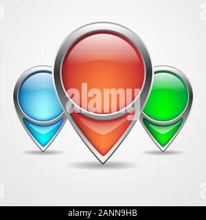 Illustration of three colored navigation markers with shadow. Set of map markers isolated on white background. Map pointers - vector illustration. Stock Vector