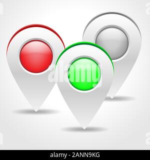 Illustration of three colored navigation markers with shadow. Set of map markers isolated on white background. Map pointers - vector illustration. Stock Vector