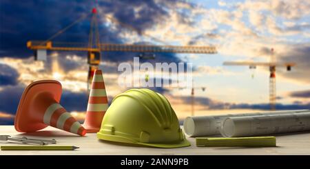 Contractor site office concept. Project construction blueprints and engineering tools on wooden desk, blur construction cranes and sky background. 3d Stock Photo