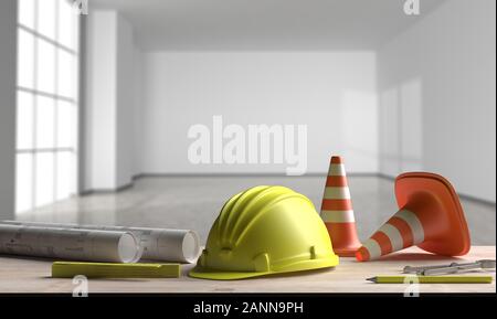 Project construction blueprints and engineering tools on wooden desk, blur building interior background. Real estate and office construction concept. Stock Photo