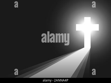 Cross icon - vector illustration. Simple Christian cross sign. White cross on black background with rays of light. Concept of the life after death. Stock Vector