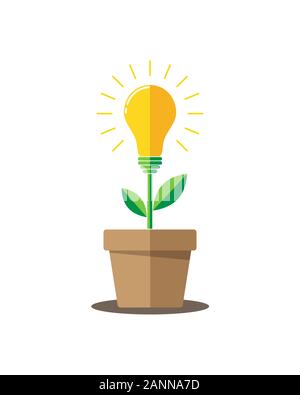 Glowing light bulb plant coming out of flower pot. Business growth concept with idea light bulb - vector illustration. Flat design icon. Stock Vector