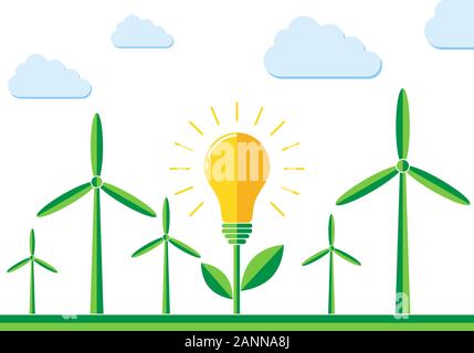 Wind turbines generators in the field - vector illustration. Green field with wind turbine and the plant in the form of a light bulb in the center. Co Stock Vector