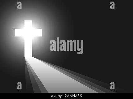 Cross icon - vector illustration. Simple Christian cross sign. White cross on black background with rays of light. Concept of the life after death. Stock Vector