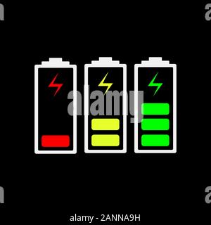 Battery charging icons - vector illustration. The battery icons with a various level of charge. Set of color battery icons charge level Stock Vector
