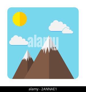 Mountains icon - vector illustration. Abstract image of the mountains, the sun and clouds in flat design. Mountains bright emblem. Stock Vector