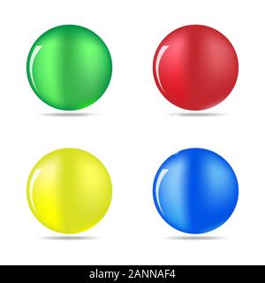 Collection of colorful glossy spheres isolated on white. Set of bright colored balls. Green, red, yellow and blue. Stock Vector