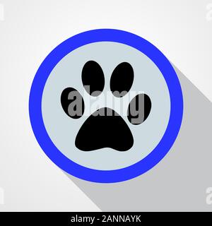 Blue button with print of paw.  Black animal tracks - vector illustration. Stock Vector