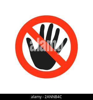 No entry. STOP sign. Black hand sign isolated on white background. Red stop symbol in a crossed circle. Hand sign for prohibited activities. Vector il Stock Vector
