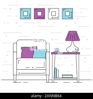 Armchair with pillows, a table with a table lamp. Vector illustration in a linear style. Stock Vector