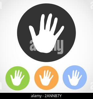 Hand print on the round button. Vector illustration. Set of flat icons the of human hand print in four color versions Stock Vector