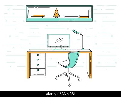 Office in a linear style. Workplace with a computer. Vector Stock Vector