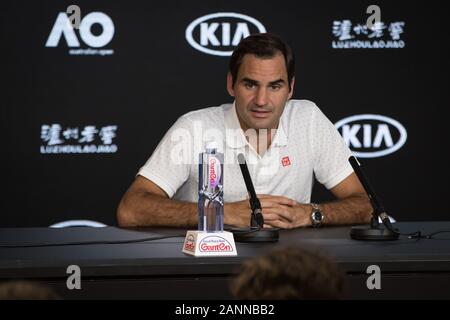 Melbourne, Australia. 18th Jan, 2020. Switzerland's Roger Federer answers questions during a press conference ahead of the Australian Open tennis championship in Melbourne, Australia, Jan. 18, 2020. Credit: Zhu Hongye/Xinhua/Alamy Live News Stock Photo