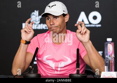 Melbourne, Australia. 18th Jan, 2020. Spain's Rafael Nadal answers questions during a press conference ahead of the Australian Open tennis championship in Melbourne, Australia, Jan. 18, 2020. Credit: Zhu Hongye/Xinhua/Alamy Live News Stock Photo