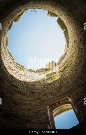View through the open tower up to the sky at Lowther Castle in Penrith, Cumbria, England, UK (now in ruined state) Stock Photo