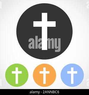Christian cross icon on the round button. Vector illustration. Set of flat icons the of christian cross in four color versions. Stock Vector