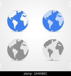 Set of blue and monochrome Earth globes isolated on white background. Light - blue simple scheme of the globe. Collection of icons Earth Globe - vecto Stock Vector