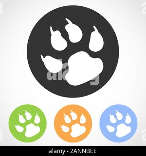 Animal footprint icon on the round button. Vector illustration. Set of flat icons the of animal footprint in four color versions. Stock Vector