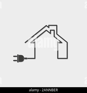 Black house with wire plug - vector illustration. Simple circuit house with plug. Stock Vector