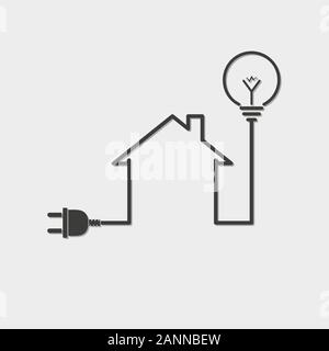 Black house with wire plug and light bulb - vector illustration. Simple icon with house silhouette, light bulb and wire plug. Stock Vector