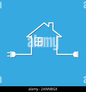 Silhouette of house with wire plug and socket - vector illustration. Simple icon with house, socket and wire plug on blue background. Stock Vector