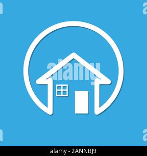 White silhouette of house - vector illustration. Simple house icon inside the circle on blue background. Stock Vector