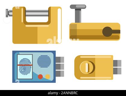 Locks and padlocks isolated icons, fingerprint access system Stock Vector