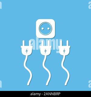 One socket and three wire forks - vector illustration. White icon of power connection on a blue background. Concept of connection, disconnection of th Stock Vector