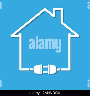 Silhouette of house with wire plug and socket - vector illustration. Simple icon with house, socket and wire plug on blue background. Stock Vector