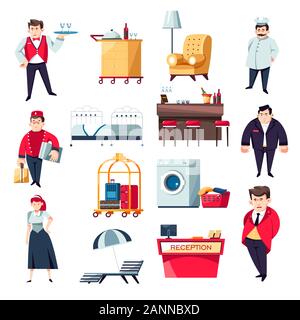 Hotel services concept and staff collection of icons Stock Vector
