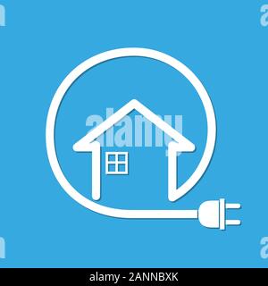 Silhouette of house with wire plug - vector illustration. Simple icon with house and wire plug on blue background. Stock Vector