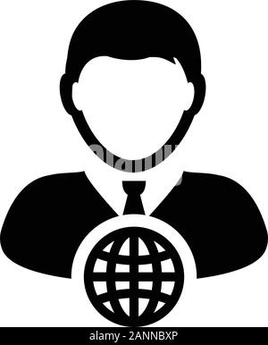 Network icon vector globe with male person profile avatar symbol for business in a flat color glyph pictogram illustration Stock Vector