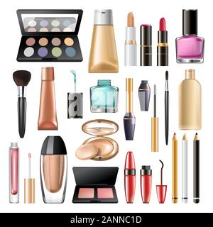 Decorative cosmetics and makeup products mock up packages set Stock Vector