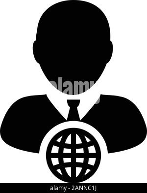 Profile icon with globe symbol vector with male person avatar for a business network in a glyph pictogram illustration Stock Vector