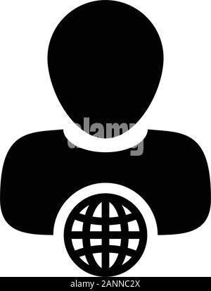 Global icon vector globe with male person profile avatar symbol for a business network in a flat color glyph pictogram illustration Stock Vector