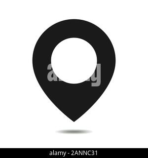 Black map pointer - vector illustration. Map pointer icon on white background. Illustration of black navigation marker with shadow. Stock Vector