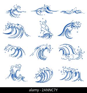 Waves isolated icons, sea or ocean storm, beach tide Stock Vector