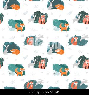 Seamless pattern with foxes, rabbits, hares and different elements. Illustration hand drawn in scandinavian style. Stock Vector