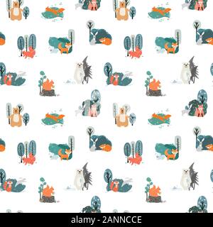 Seamless pattern. Cute animals on the background of the forest, trees, plants. Bear, Fox, Squirrel, Hare. Forest Animals. Vector illustrations in the Stock Vector