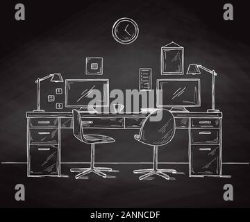 Sketch the room. Office chair, desk, various objects on the table. Sketch workspace. Vector illustration Stock Vector