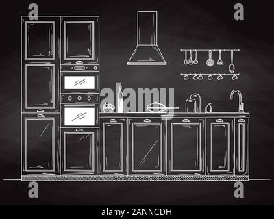 Sketch of the kitchen, front view. Vector illustration. Stock Vector