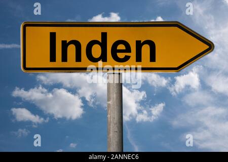 Detail photo of a signpost with the inscription Inden, North Rhine-Westphalia, Germany, Europe