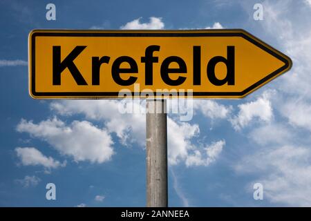 Detail photo of a signpost with the inscription Krefeld, North Rhine-Westphalia, Germany, Europe