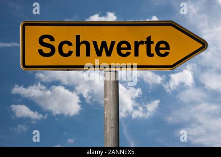 Detail photo of a signpost with the inscription Schwerte, North Rhine-Westphalia, Germany, Europe Stock Photo