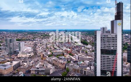 Frankfurt, Germany, 05/02/2018: Aerial view of the Tower of Commerzbank in Frankfurt am Main with city background Stock Photo