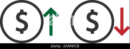 Up and Down arrows with dollar sign in flat icon set design on white color background. Vector eps 10 Stock Vector