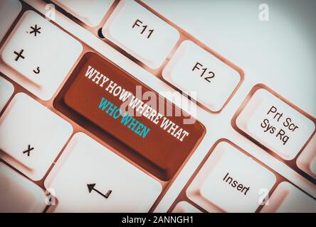 Writing note showing Why How Where What Who When. Business concept for Questions to find solutions Query Asking White pc keyboard with note paper abov Stock Photo