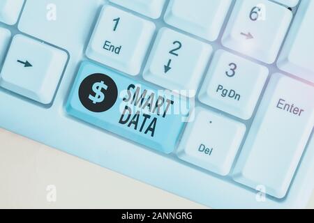 Writing note showing Smart Data. Business concept for digital information that is formatted for further consolidation White pc keyboard with note pape Stock Photo