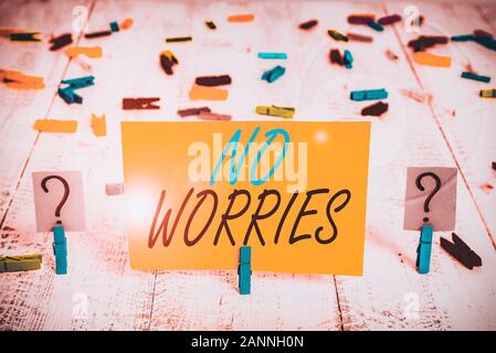 Writing note showing No Worries. Business concept for an expression used to say that everything is all right Crumbling sheet with paper clips placed o Stock Photo