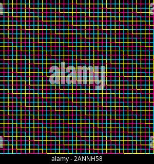 Geometric Light Lines, Checkered Multi-Colored Background. Bright Neon Square Cell Wallpaper. Seamless Colorful Vector Pattern. Stock Vector
